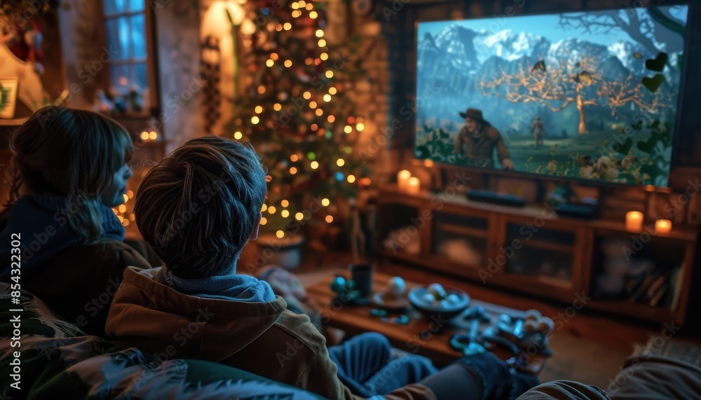 Two boys watching TV in a cozy living room. Two boys watching TV in a cozy living room.