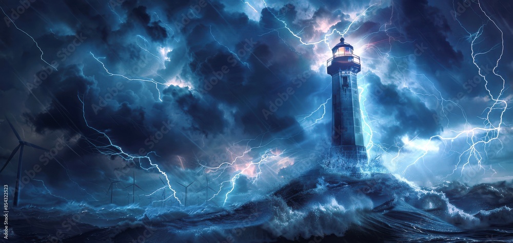 A lighthouse stands against a turbulent storm with lightning striking all around, creating a dramatic and powerful scene. A lighthouse stands against a turbulent storm with lightning striking all around, creating a dramatic and powerful scene.