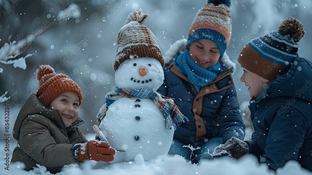 Snowy Fun A family builds a snowman together in winter, a heartwarming visual representation of the joy of winter and family time Snowy Fun A family builds a snowman together in winter, a heartwarming visual representation of the joy of winter and family time