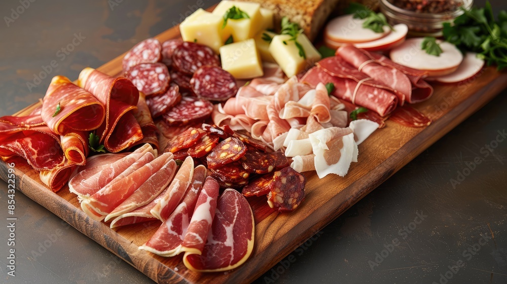 Spanish Delights A glossy wooden board with an assortment of Spanish cured meats, a luxurious and photorealistic close-up shot, evoking a gourmet feast Spanish Delights A glossy wooden board with an assortment of Spanish cured meats, a luxurious and photorealistic close-up shot, evoking a gourmet feast