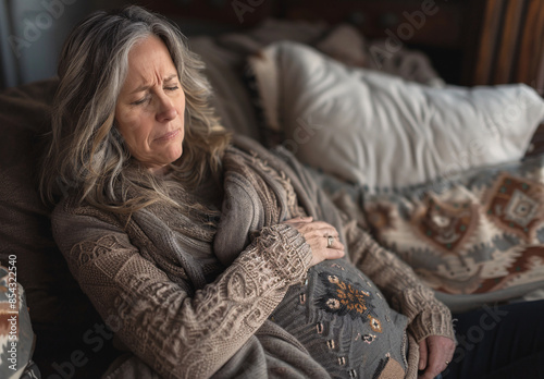 Mature woman experiencing stomach pain while sitting on sofa at home © ZenArt