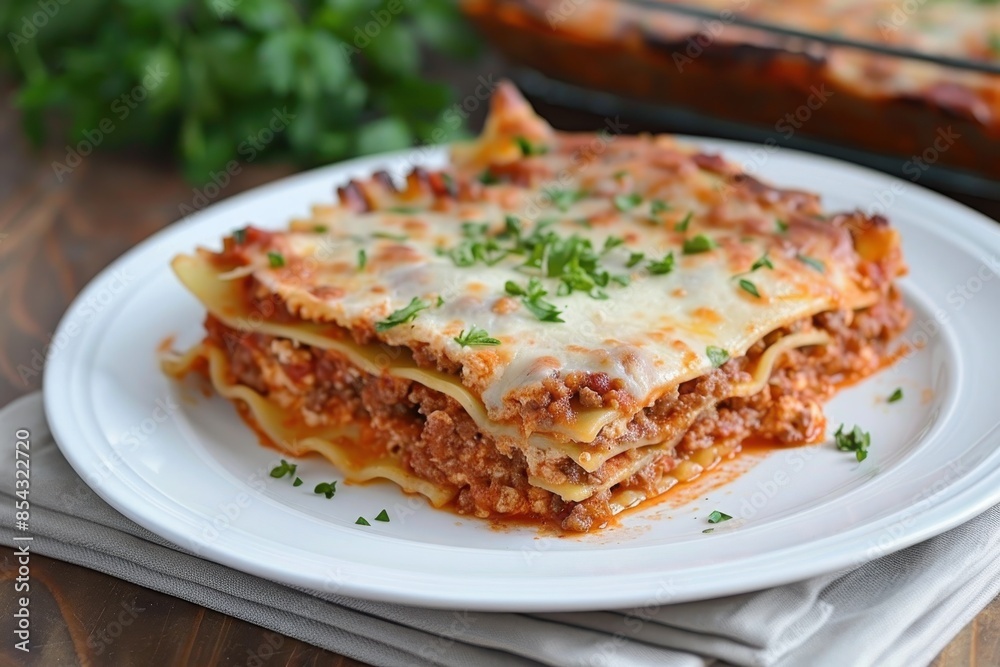 Classic Italian Lasagna: A Delicious Slice on a White Plate with Fresh Herbs Classic Italian Lasagna: A Delicious Slice on a White Plate with Fresh Herbs