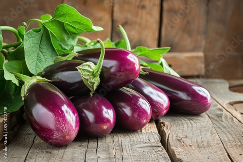 Fresh and Glossy Eggplants: A Group of Vibrant Purple Vegetables on Rustic Wooden Boards