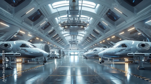 A futuristic space tourism vehicle manufacturing plant with assembly lines for spaceplanes  photo