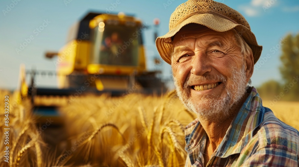 Fototapeta premium Portrait of male farmer in golden wheat field with combine harvester machine.