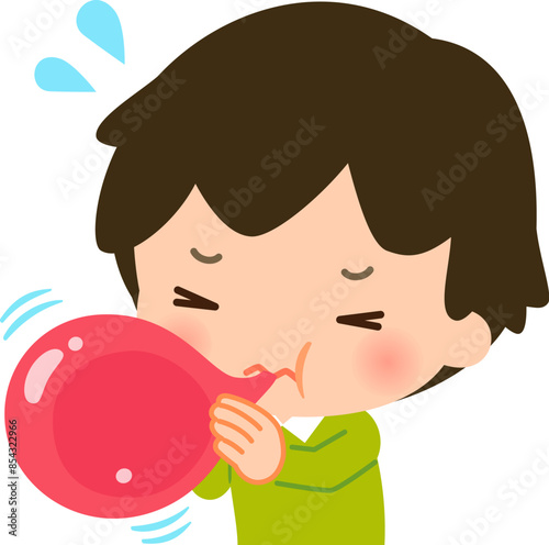 苦労して風船を膨らませる男の子