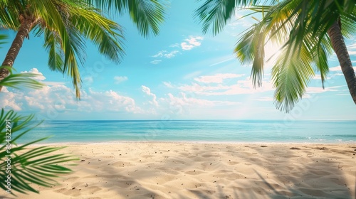 Summers Paradise A blurred background of a beautiful sandy beach with palm trees and a blue sky, a perfect summer vacation concept banner photo