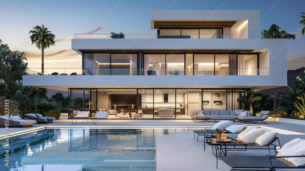 Fototapeta premium Modern villa with pool and outdoor seating in tropical setting
