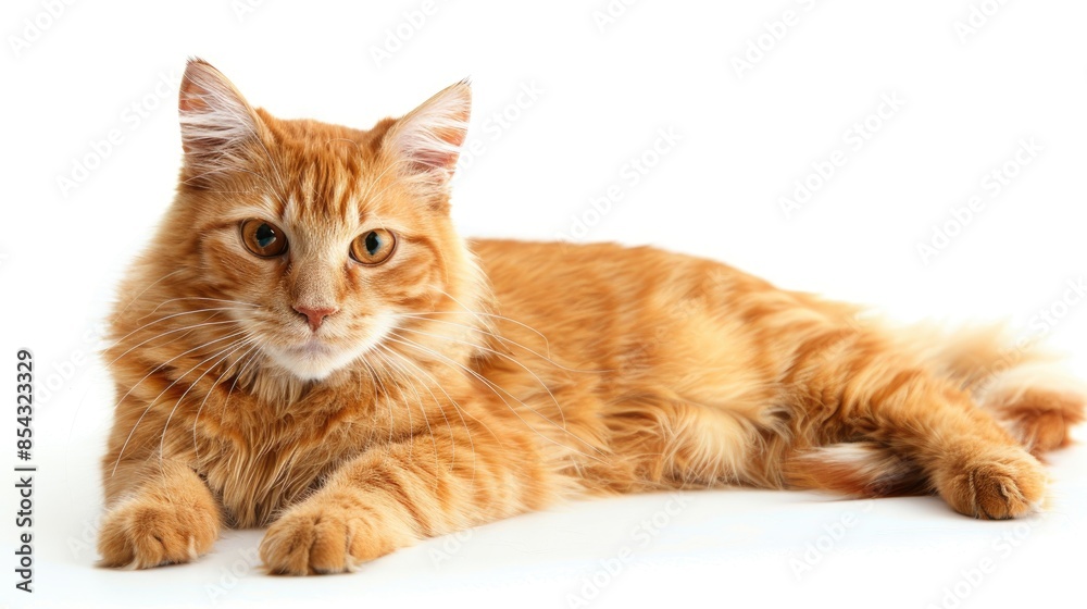 A single orange cat rests on a white background
