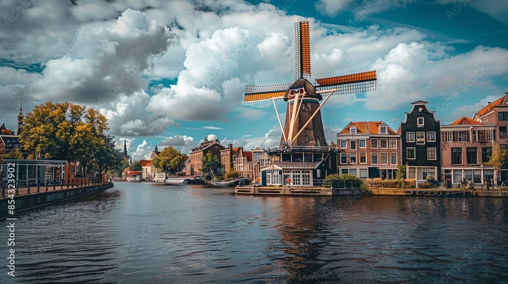Fototapeta premium Traditional windmill over water with reflection