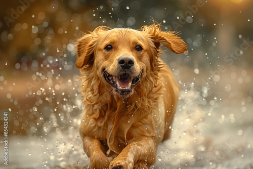 A dog eagerly running through a rain-soaked park, enjoying the weather. Concept of joy and liveliness despite the rain. Generative Ai.