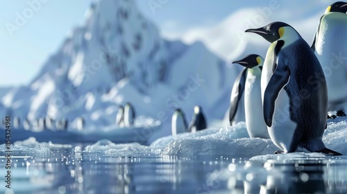 A flock of penguins gathered on the ice land Realistic High resolution High resolution High Quality 