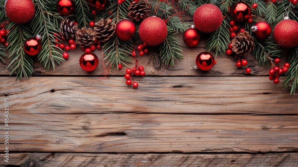 Christmas decorations in red on a wood background Christmas decorations in red on a wood background