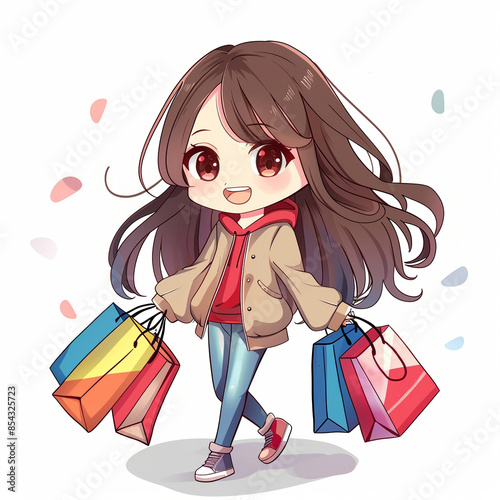 Cute cartoon character girl shopping with shopping bag photo