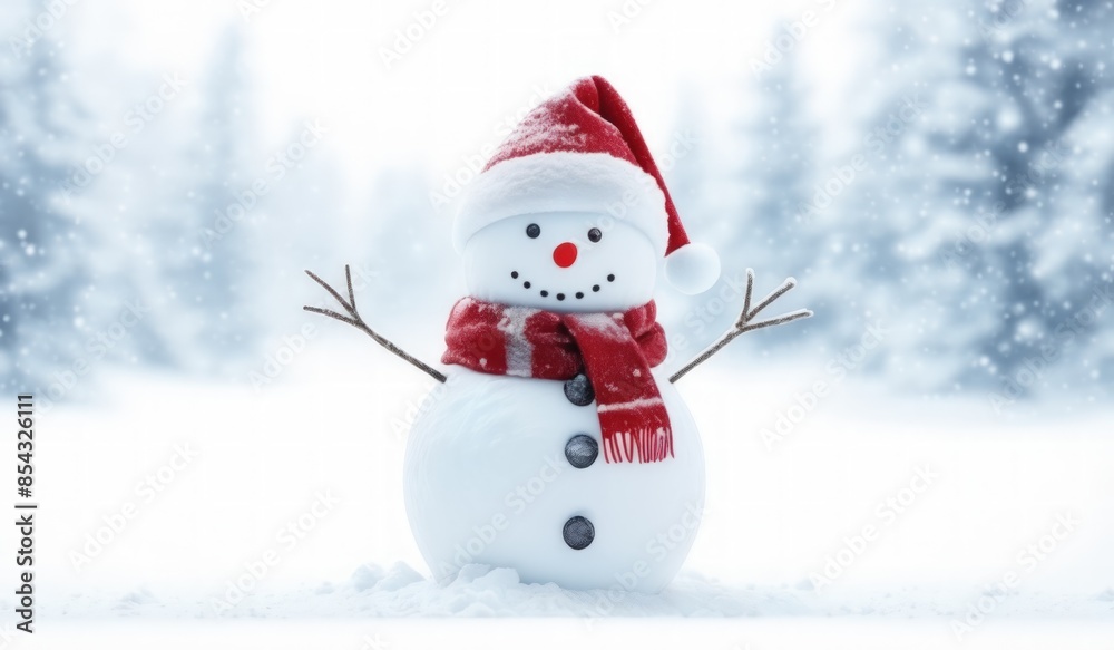Fototapeta premium snowman with red hat and red scarf