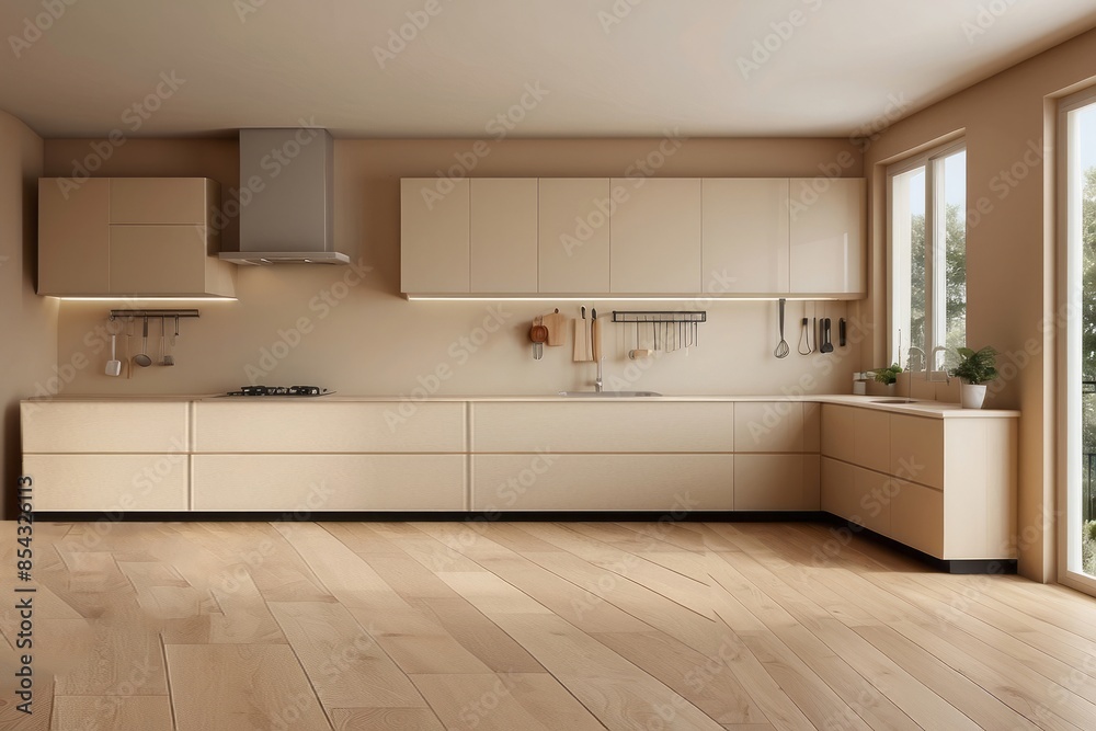 Interior home of kitchen with cooking corner bar island and panoramic window on beige wall Interior home of kitchen with cooking corner bar island and panoramic window on beige wall