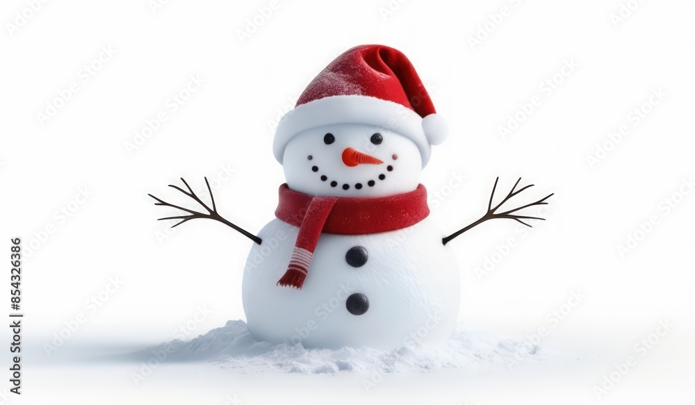 Fototapeta premium snowman with red hat and red scarf