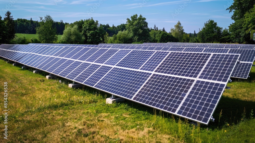 A field of solar panels with a blue sky in the background. The panels are arranged in rows and are all facing the same direction A field of solar panels with a blue sky in the background. The panels are arranged in rows and are all facing the same direction