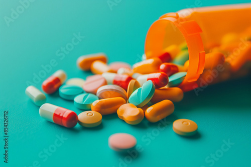 A vibrant and detailed image of an orange prescription bottle spilling a variety of colorful pills and capsules onto a teal background, showcasing the array of modern pharmaceutical treatments