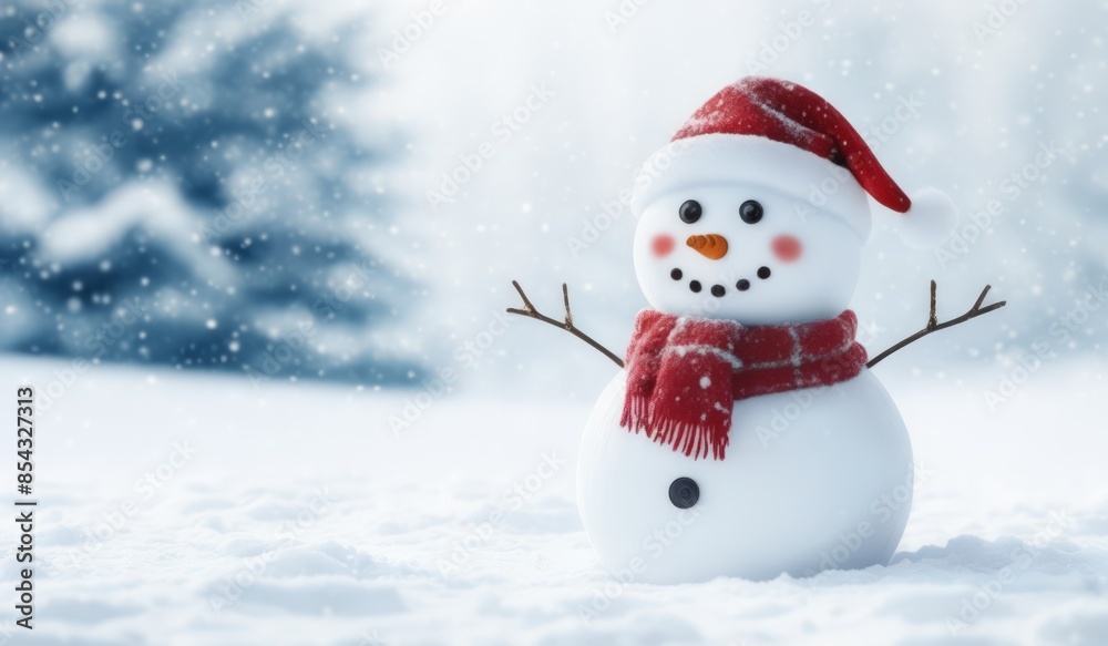 Fototapeta premium snowman with red hat and scarf background snow