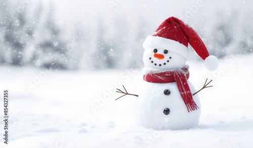 snowman with red hat and scarf background snow © Rahmat 