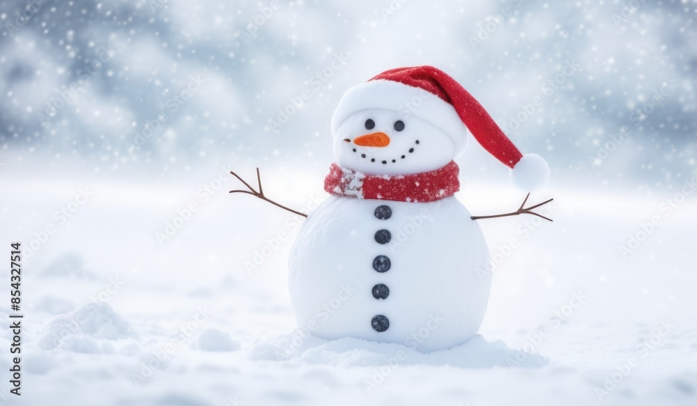 Fototapeta premium snowman with red hat and scarf background snow