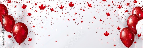 1st of July. Canada independence day celebration background with balloons, flag and confetti. Flat festive frame. white and red, vector illustration