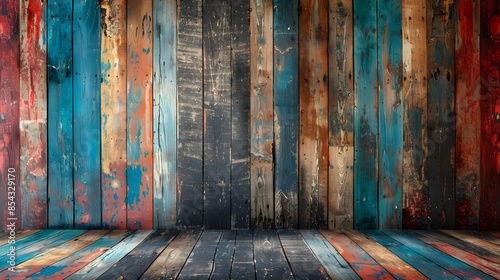 background with a wood wall and an American flag on the floor, a blue, red, and white color