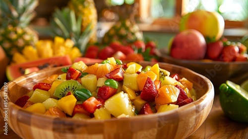 With a bamboo kitchen setup and tropical fruits adorning the background a host teaches viewers how to make a flavorful islandstyle fruit salad. photo