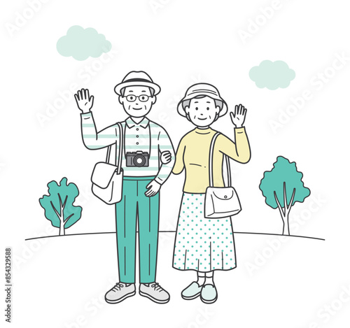 仲の良い老夫婦が旅行先で楽しんでいる全身イラスト