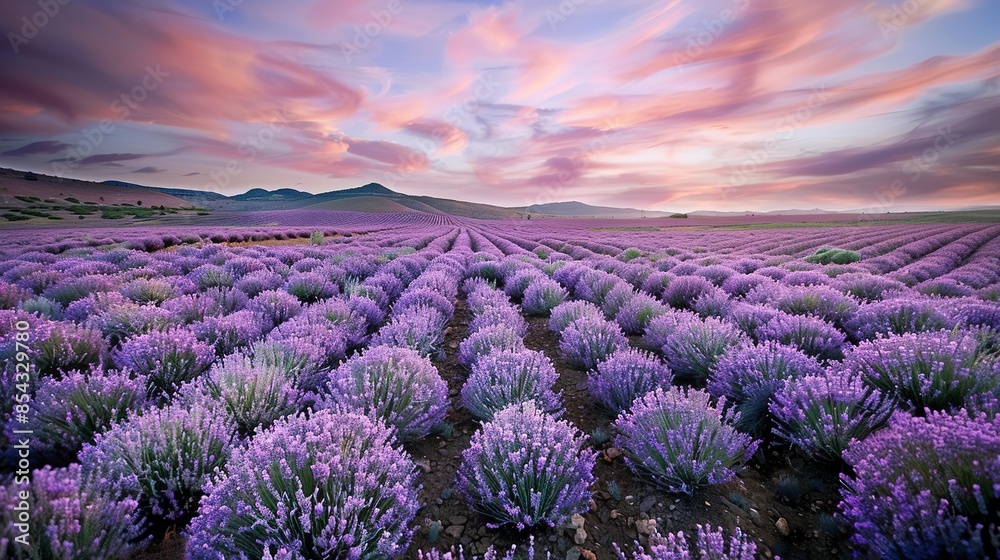 Obraz premium Lavender fields with pink skies, rows of blooming flowers, wide-angle view, sunset glow, peaceful and expansive scene 