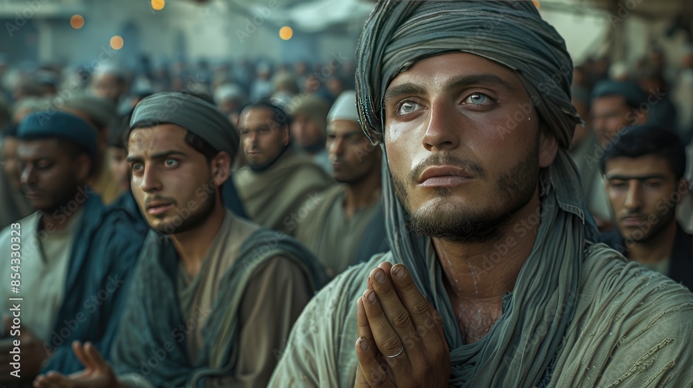 A group of men offering Eid ul-Adha prayers in congregation at the mosque A group of men offering Eid ul-Adha prayers in congregation at the mosque