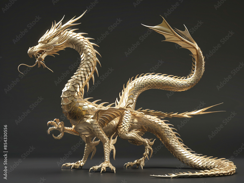 Fototapeta premium Short-legged Golden Chinese Dragon in Profile at 45° Angle