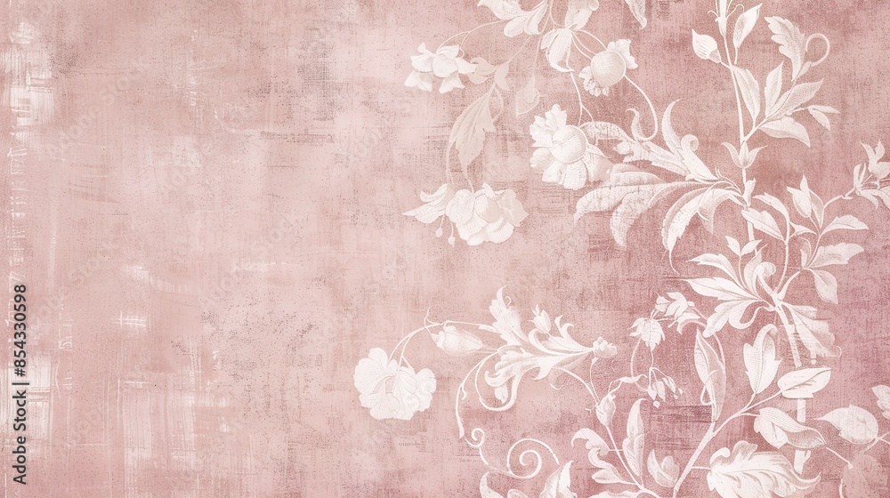 Fototapeta premium Faded pink wallpaper with delicate floral patterns, low-angle view, distressed texture, nostalgic and elegant 