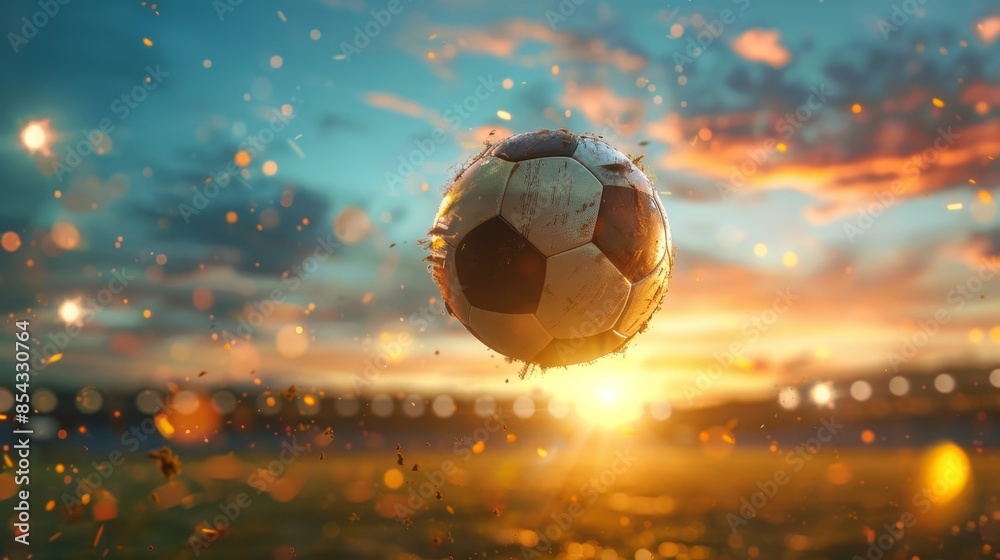 Fototapeta premium A soccer ball is flying through the air, surrounded by a cloud of dust