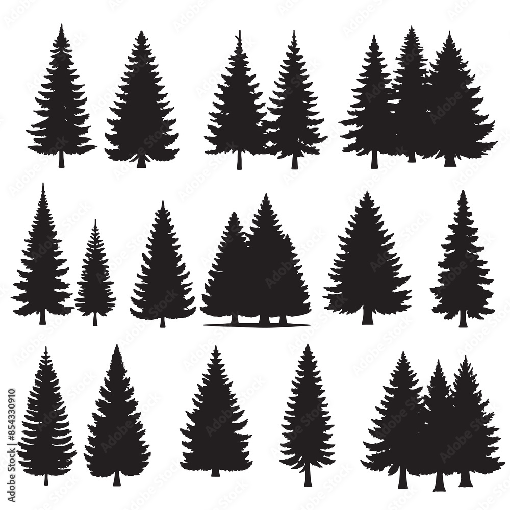 Obraz premium set of pine trees silhouettes on white 