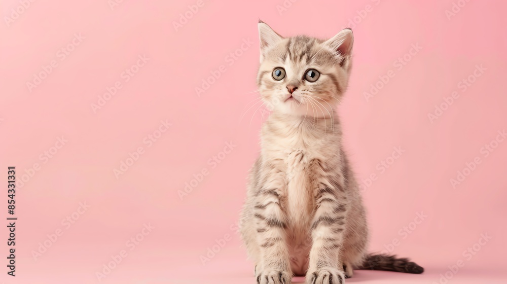 Fototapeta premium A cute Scottish Fold kitten sitting on a solid pastel background with space above for text