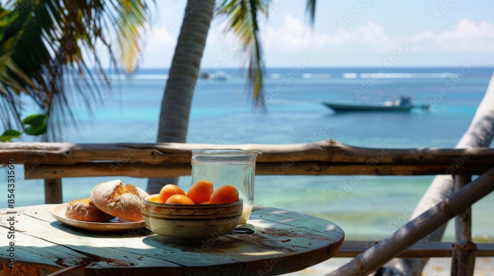 A tranquil start to the day â a simple but delicious breakfast of warm coconut bread and a bowl of juicy papaya enjoyed on a private balcony overlooking the glistening ocean. A tranquil start to the day â a simple but delicious breakfast of warm coconut bread and a bowl of juicy papaya enjoyed on a private balcony overlooking the glistening ocean.