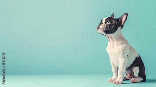 A cute Boston Terrier puppy sitting on a solid pastel background with space above for text photo