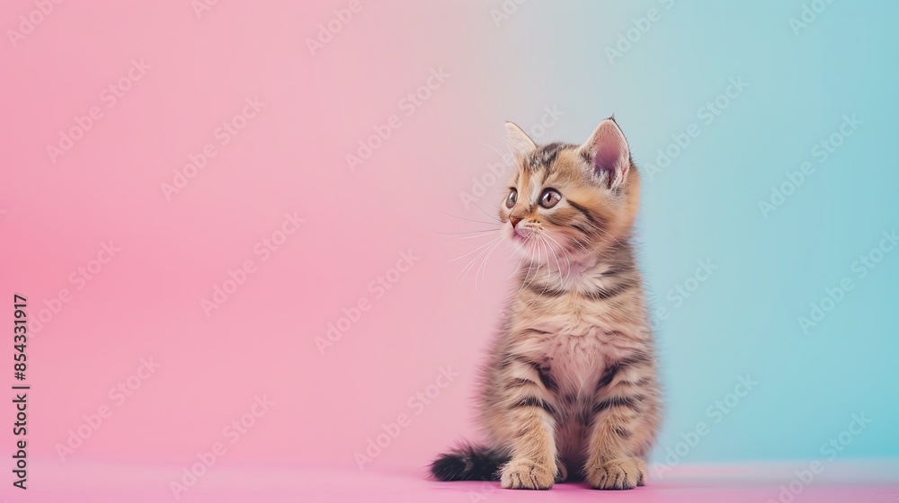 A cute European Shorthair kitten sitting on a solid pastel background with space above for text A cute European Shorthair kitten sitting on a solid pastel background with space above for text