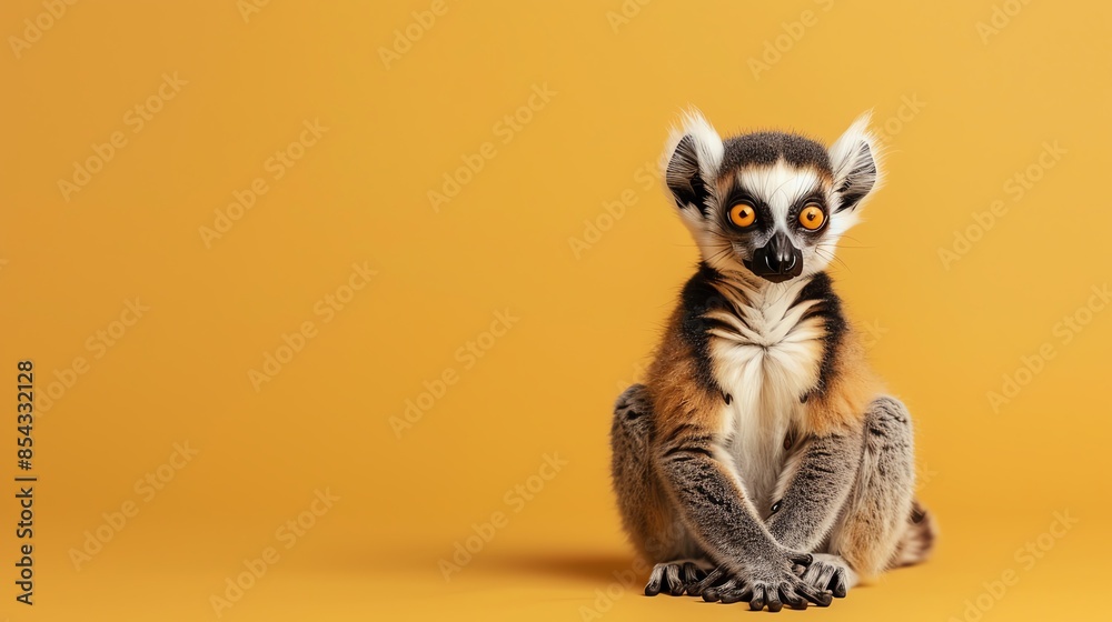 Fototapeta premium A cute Lemur Infant sitting on a solid color background with space above for text