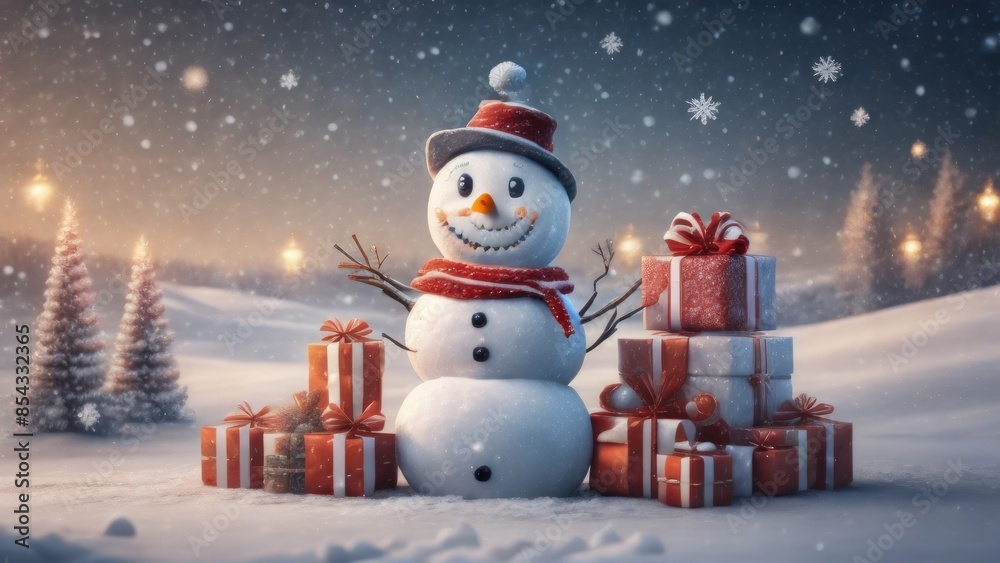 Fototapeta premium snowman with christmas gift and happy merry christmas