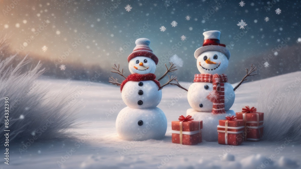 Fototapeta premium snowman with christmas gift and happy merry christmas