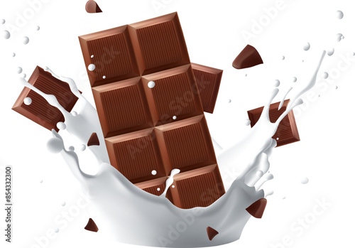 Milk splashing and Chocolate bar splashing in the middle isolated on background, Vector realistic in 3d illustration. Food concepts.Gradient Mesh