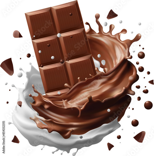 Milk splashing Chocolate liquid and Chocolate bar splashing in the middle isolated on background, Vector realistic in 3d illustration. Food concepts.Gradient Mesh