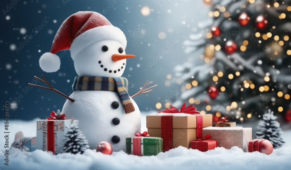 merry christmas tree with gifts and snowman. merry. red hat. smile. white. snow. happy. merry christmas tree with gifts and snowman. merry. red hat. smile. white. snow. happy.