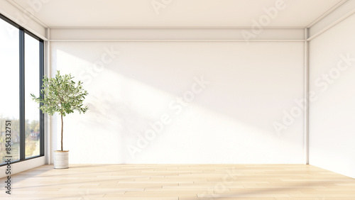 Fototapeta Naklejka Na Ścianę i Meble -  Minimalism style empty room with white wall and indoor plant. 3d rendering
