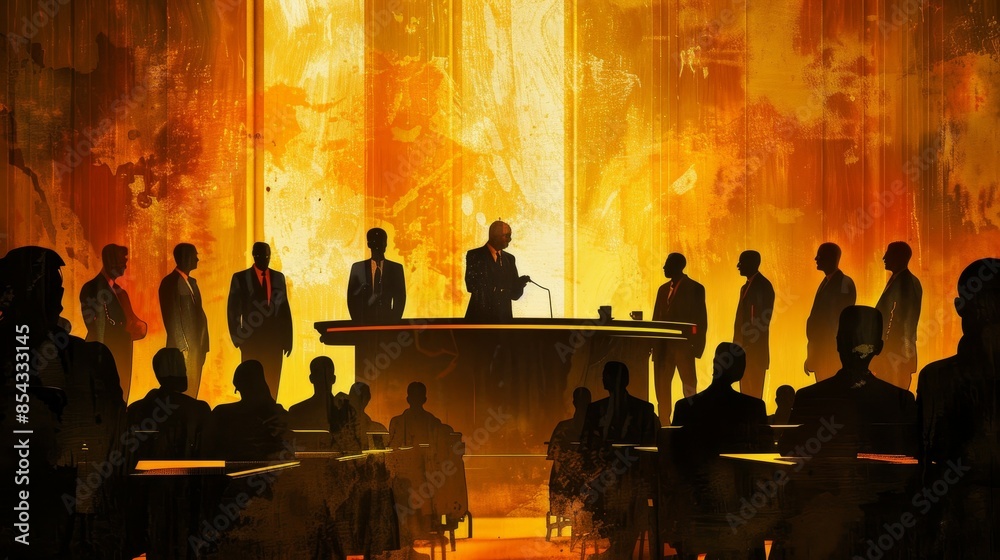 Silhouettes of politicians debating in a parliament session, highlighting the intense discussions shaping the political landscape Realistic, Highdefinition, Dynamic Silhouettes of politicians debating in a parliament session, highlighting the intense discussions shaping the political landscape Realistic, Highdefinition, Dynamic
