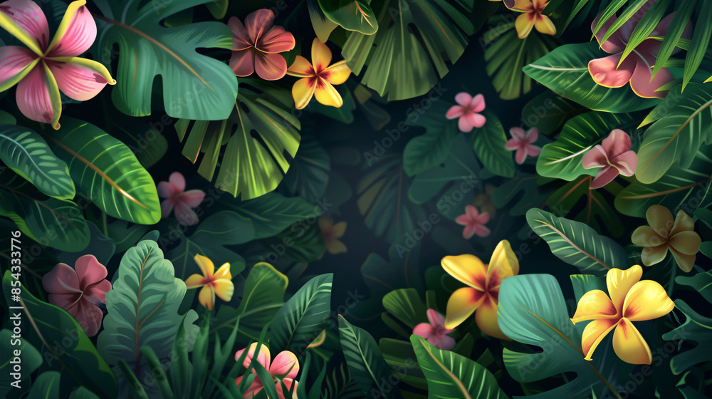 Fototapeta premium Tropical rainforest with green leaves and flowers in cartoon style