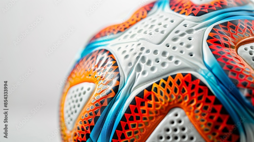 A soccer ball with a colorful design sits on a white background A soccer ball with a colorful design sits on a white background